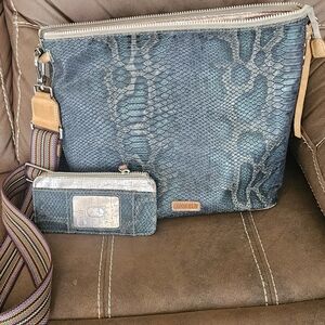 Consuela Teal Snake-Print Crossbody with Striped Strap and Matching Pouch